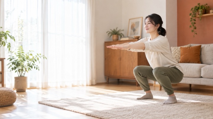 室内でスクワットする人のAI生成イメージ