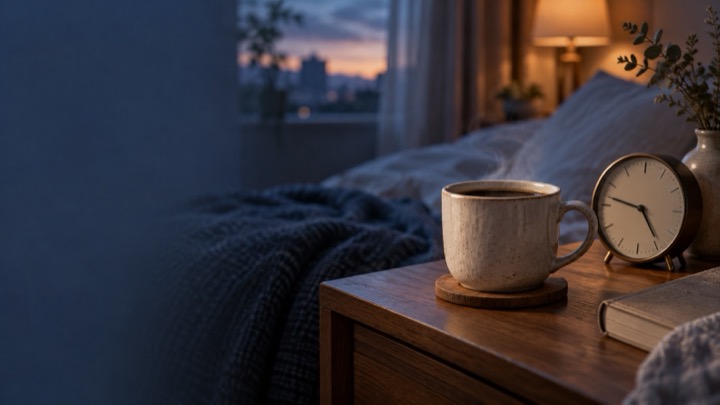 寝室のコーヒーカップと時計のAI生成イメージ