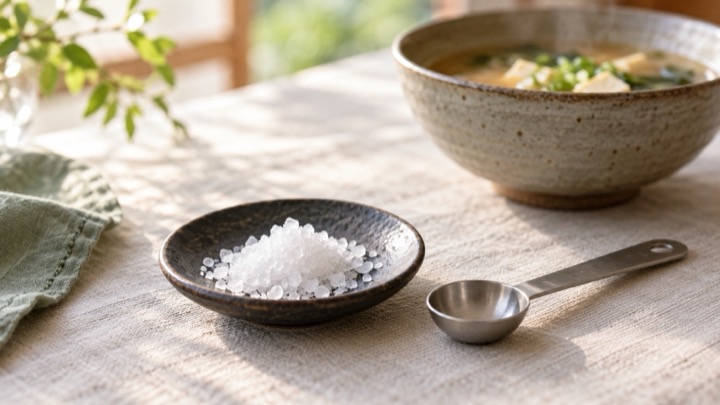 食卓の塩と計量スプーンのAI生成イメージ
