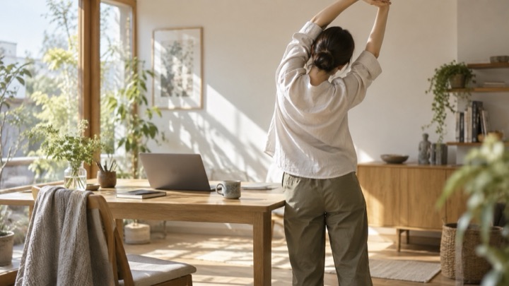 デスクワークの合間に立ち上がって伸びをする人のAI生成イメージ